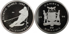 Weltmünzen und Medaillen, Sambia / Zambia. Lillehammer. 20 Kwacha 1994, Silber. 0.3 OZ. KM 33. Polierte Platte