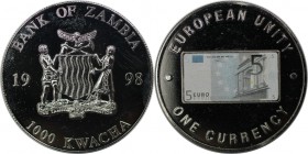 Weltmünzen und Medaillen, Sambia / Zambia. Europäische Einheit - Eine Währungsserie - 5 € Note. 1000 Kwacha 1998. KM 121. Polierte Platte