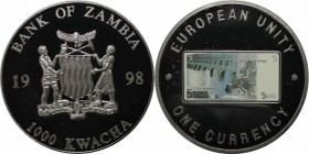Weltmünzen und Medaillen, Sambia / Zambia. Europäische Einheit - Eine Währungsserie - 5 € Note. 1000 Kwacha 1998. Polierte Platte
