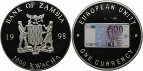 Weltmünzen und Medaillen, Sambia / Zambia. Europäische Einheit - Eine Währungsserie - 500 € Note. 1000 Kwacha 1998. Polierte Platte