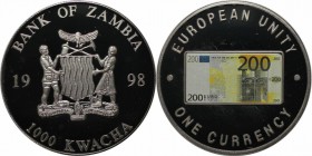Weltmünzen und Medaillen, Sambia / Zambia. Europäische Einheit - Eine Währungsserie - 200 € Note. 1000 Kwacha 1998. Polierte Platte