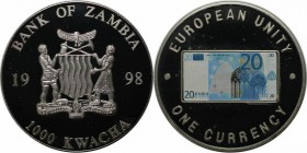 Weltmünzen und Medaillen, Sambia / Zambia. Europäische Einheit - Eine Währungsserie - 20 € Note. 1000 Kwacha 1998. KM 124. Polierte Platte