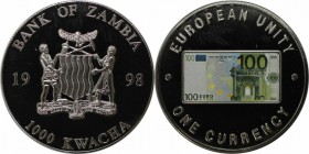 Weltmünzen und Medaillen , Sambia / Zambia. Europäische Einheit - Eine Währungsserie - 100 € Note. 1000 Kwacha 1998. Polierte Platte