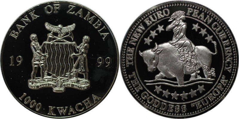 Weltmünzen und Medaillen, Sambia / Zambia. Europa riding Bull. 1000 Kwacha 1999....