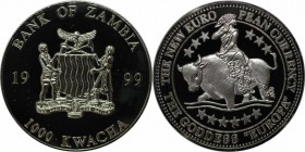Weltmünzen und Medaillen, Sambia / Zambia. Europa riding Bull. 1000 Kwacha 1999. Polierte Platte