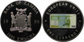 Weltmünzen und Medaillen, Sambia / Zambia. Europäische Einheit - Eine Währungsserie - 100 € Note. 1000 Kwacha 1999. KM 129. Polierte Platte