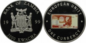 Weltmünzen und Medaillen, Sambia / Zambia. Europäische Einheit - Eine Währungsserie - 10 € Note. 1000 Kwacha 1999. KM 123. Polierte Platte