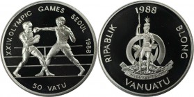 Weltmünzen und Medaillen, Vanuatu. Olympische Spiele 1988 in Seoul - Boxen. 50 Vatu 1988, Silber. 1.01 OZ. KM 10. Polierte Platte