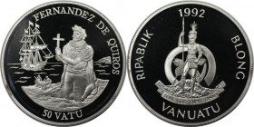 Weltmünzen und Medaillen, Vanuatu. Pedro Fernandez de Quiros. 50 Vatu 1992, Silber. 0.94 OZ. KM 12. Polierte Platte
