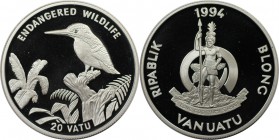Weltmünzen und Medaillen, Vanuatu. Santo - Grünkopfliest. 20 Vatu 1994, Silber. 0.59 OZ. KM 20. Polierte Platte