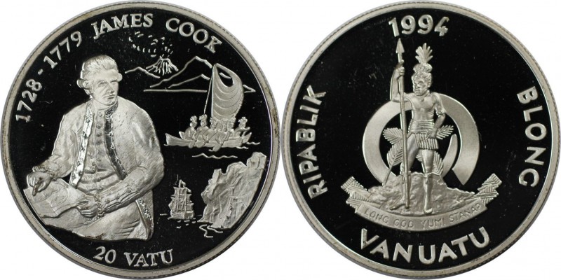 Weltmünzen und Medaillen, Vanuatu. James Cook. 20 Vatu 1994, Silber. 0.32 OZ. KM...