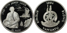 Weltmünzen und Medaillen, Vanuatu. James Cook. 20 Vatu 1994, Silber. 0.32 OZ. KM 19. Polierte Platte