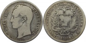Weltmünzen und Medaillen, Venezuela. Republik seit 1830. 5 Bolívares (Gram.25) 1886, Silber. 0.72 OZ. Schön
