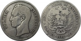 Weltmünzen und Medaillen, Venezuela. Republik seit 1830. 5 Bolívares (Gram.25) 1911, Silber. 0.72 OZ. Schön