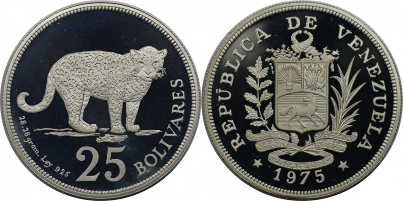 Weltmünzen und Medaillen, Venezuela. Jaguar. 25 Bolivares 1975, Silber. 0.84 OZ....