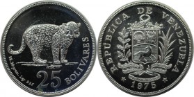 Weltmünzen und Medaillen, Venezuela. Jaguar. 25 Bolivares 1975, Silber. 0.84 OZ. KM 46. Stempelglanz. Winz.Kratzer. Patina.