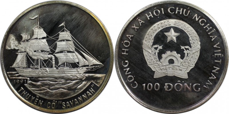 Weltmünzen und Medaillen, Vietnam. Dampfschiff "Savannah". 100 Dong 1991, Silber...