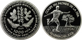 Weltmünzen und Medaillen, Westafrika / Western African. Fußball - WM 2006 in Deutschland. 1000 Francs 2004, Silber. KM 17. Polierte Platte