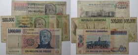 Banknoten, Argentinien / Argentina, Lots und Sammlungen. 100 000 Pesos (P.308b), 2 x 500 000 Pesos (P.309), 1 000 000 Pesos (P.310a-U1). Lot von 4 Stü...