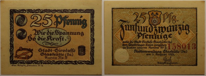 Banknoten, Deutschland / Germany. Notgeld Glashütte, Sachsen. 25 Pfennig 1921. G...