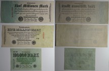 Banknoten, Deutschland / Germany, Lots und Sammlungen. Notgeld, Berlin, Reichsbanknote. 100 000 Mark, 1 Mln Mark, 5 Mln Mark 25.07.1923. Keller 90a, 9...