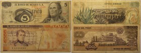Banknoten, Mexiko / Mexico, Lots und Sammlungen. 5 Pesos, 5000 Pesos 1969-89. Pick: 062, 088c-KN. Lot von 2 Stück. IV