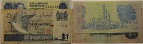 Banknoten, Lots und Sammlungen Banknoten. 1 Dollar Singapore ND., 2 Rand South Africa Reserve Bank Series AI/4 Sign. T. W. de Jongh ND. Lot von 2 Stüc...