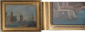 Kunst und Antiquitäten / Art and antiques. Ölgemälde. Italien. Landschaft. Hafen, vielleicht Neapel. Maße mit Rahmen: 55 x 44 cm. Öl auf Eiche, Alter ...