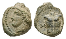 Ionia, Magnesia ad Maeandrum. Ae, 0.56 g 9.67 mm. Circa 400 BC
Obv: Laureate head of Apollo left.
Rev.: M [A] , Cuirass.
Ref.: SNG Kayhan, 393-94.
Fin...