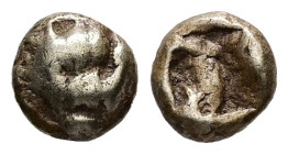 Ionia, Miletos. EL 1/24 Stater, 0.58 g 5.79 mm. Circa 560-545 BC. 
Obv:Lion's head facing 
Rev:Rough incuse square. 
Ref: ATEC 210; SNG Kayhan 453-454...