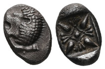 Ionia, Miletos. AR Obol or Hemihekte, 1.01 g 10.51 mm. Late 6th-early 5th centuries BC.
Obv: Forepart of lion right, head left.
Rev: Stellate floral d...