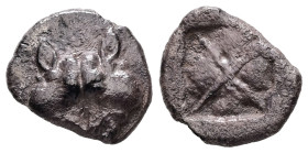 Lesbos, Uncertain. AR 1/6 Stater, 1.56 g 13.21 mm. 5th century BC.
Obv: Confronted boar's heads.
Rev: Diagonally divided incuse square.
Ref: BMC 2-3.
...