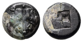 Lesbos, Uncertain. Billon Diobol, 1.25 g 9.75 mm. Circa 500-450 BC.
Obv: [A], Confronted boars' heads.
Rev: Quadripartite incuse square.
Ref: Klein KM...