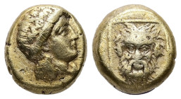 Lesbos, Mytilene. EL Hekte, 2.46 g 10.56 mm. Circa 377-326 BC.
Obv: Wreathed head of Dionysos right
Rev: Head of satyr facing, with full head of hair,...