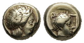 Lesbos, Mytilene. EL Hekte, 2.56 g. - 9.63 mm. Circa 377-326 BC.
Obv.: Laureate head of Apollo right.
Rev.: Head of female right, hair gathered and bo...