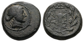 Lydia, Sardes. Ae. 4.41 g 15.52 mm. 2nd-1st centuries BC.
Obv: Laureate head of Apollo, right.
Rev: ΣAPΔIA / NΩN. Club right within wreath.
Ref: SNG C...