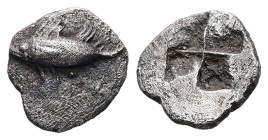 Mysia, Kyzikos. AR Hemiobol, 0.53 g 9.50 mm. Circa 550-480 BC.
Obv: Tunny fish swimming left.
Rev: Quadripartite incuse square.
Ref: Von Fritze, Nomis...