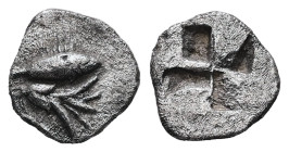 Mysia, Kyzikos. AR Hemiobol, 0.43 g 8.72 mm. Circa 550-500 BC. 
Obv: Tunny right; below, lotus flower.
Rev: Quadripartite incuse punch.
Ref:Leu Web Au...