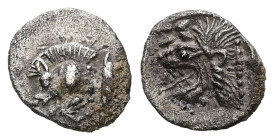 Mysia, Kyzikos. AR, Hemiobol. 0.28 g. - 9.14 mm. Circa 450-400 BC.
Obv.: Forepart of boar left; to right, tunny upward.
Rev.: Head of roaring lion lef...