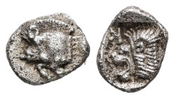 Mysia, Kyzikos. AR Hemiobol, 0.37 g 7.72 mm. Circa 525-475 BC.
Obv.: Forepart of boar left; to right, tunny upward.
Rev.: Head of lion left; retrograd...