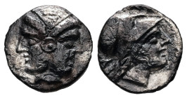 Mysia, Lampsakos. AR Diobol, 0.97 g 11.55 mm. 4th-3rd centuries BC.
Obv: Janiform female head.
Rev: [ΛΑΜΨ]. Helmeted head of Athena right within incus...