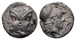 Mysia, Lampsakos. AR Diobol, 1.12 g 11.51 mm. 4th-3rd centuries BC.
Obv: Janiform female head.
Rev: ΛΑΜΨ. Helmeted head of Athena right within incuse ...