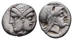 Mysia, Lampsakos. AR Diobol, 1.12 g 12.04 mm. 4th-3rd centuries BC.
Obv: Janiform female head.
Rev: ΛΑΜΨ. Helmeted head of Athena right within incuse ...