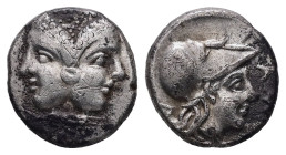 Mysia, Lampsakos. AR Diobol, 1.21 g 10.74 mm. 4th-3rd centuries BC.
Obv: Janiform female head.
Rev: ΛΑΜΨ. Helmeted head of Athena right within incuse ...