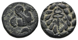 Mysia, Lampsakos. Ae, 1.67 g 12.38 mm. Circa 190-85 BC. 
Obv: ΨΑ, Forepart of Pegasos springing right, below, mouse. 
Rev: ΛΑΜ, Kerykeion within laure...