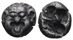 Mysia, Parion. AR Drachm, 3.87 g. – 13.58 mm. 5th century BC.
Obv.: Facing gorgoneion with protruding tongue.
Rev.: Disorganized linear pattern within...