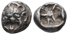 Mysia, Parion. AR Drachm, 3.96 g. – 14.26 mm. 5th century BC.
Obv.: Facing gorgoneion with protruding tongue.
Rev.: Disorganized linear pattern within...