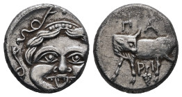 Mysia, Parion. AR Hemidrachm, 2.17 g 13.73 mm. 4th century BC.
Obv: Facing gorgoneion.
Rev: ΠΑ / ΡΙ, Bull standing left, head reverted. Grapes below.
...