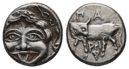 Mysia, Parion. AR Hemidrachm, 2.20 g 12.96 mm. 4th century BC.
Obv: Facing gorgoneion.
Rev: ΠΑ / ΡΙ, Bull standing left, head reverted. Grapes below.
...