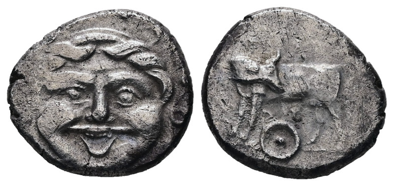 Mysia, Parion. AR Hemidrachm, 2.29 g 14.12 mm. 4th century BC.
Obv: Facing gorgo...